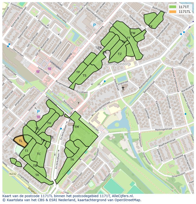 Afbeelding van het postcodegebied 1171 TL op de kaart.