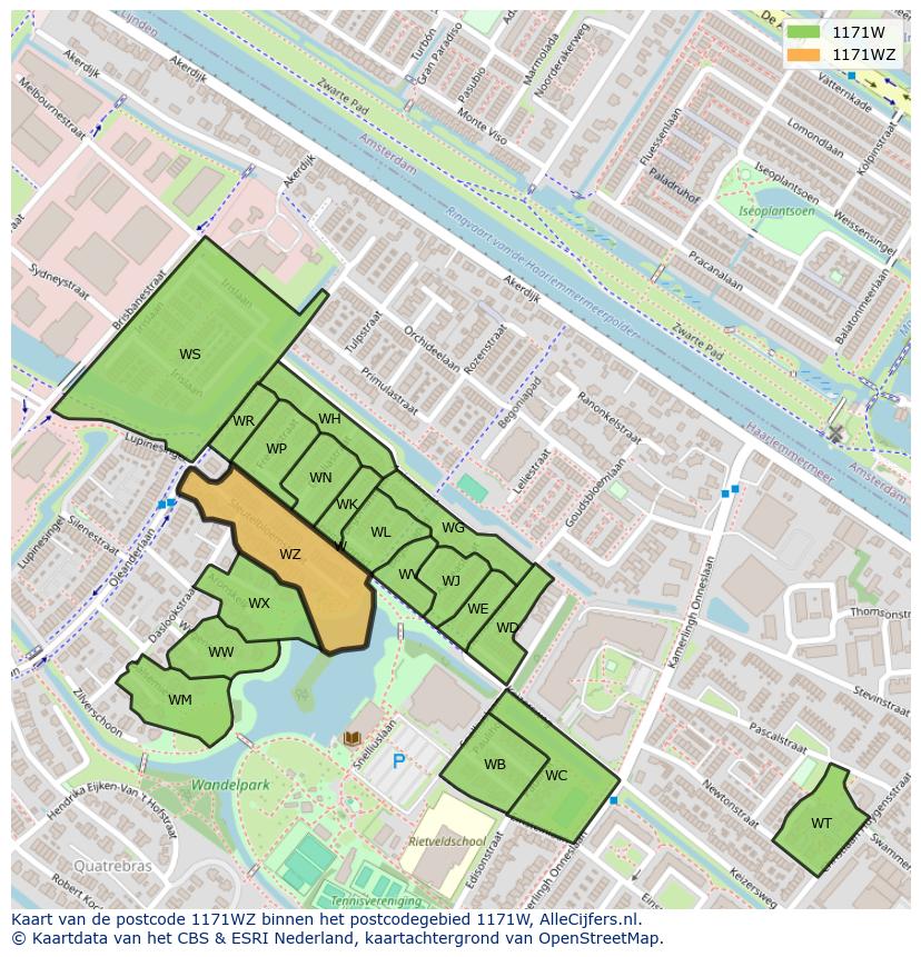 Afbeelding van het postcodegebied 1171 WZ op de kaart.