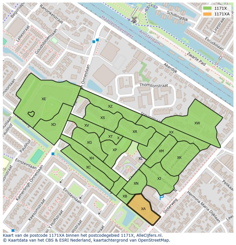 Afbeelding van het postcodegebied 1171 XA op de kaart.