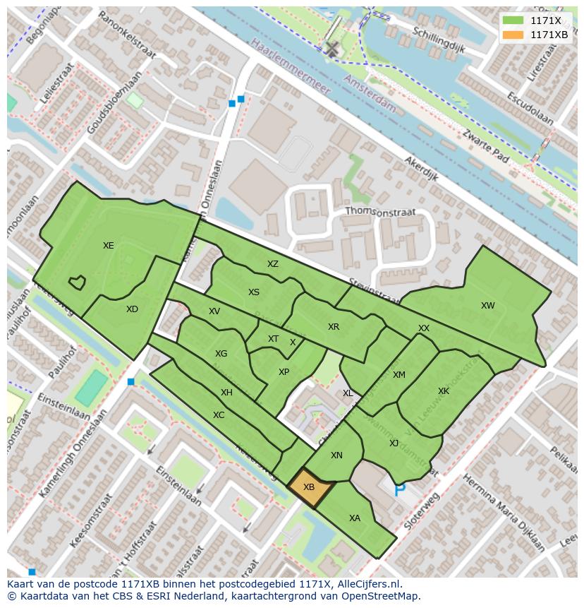 Afbeelding van het postcodegebied 1171 XB op de kaart.