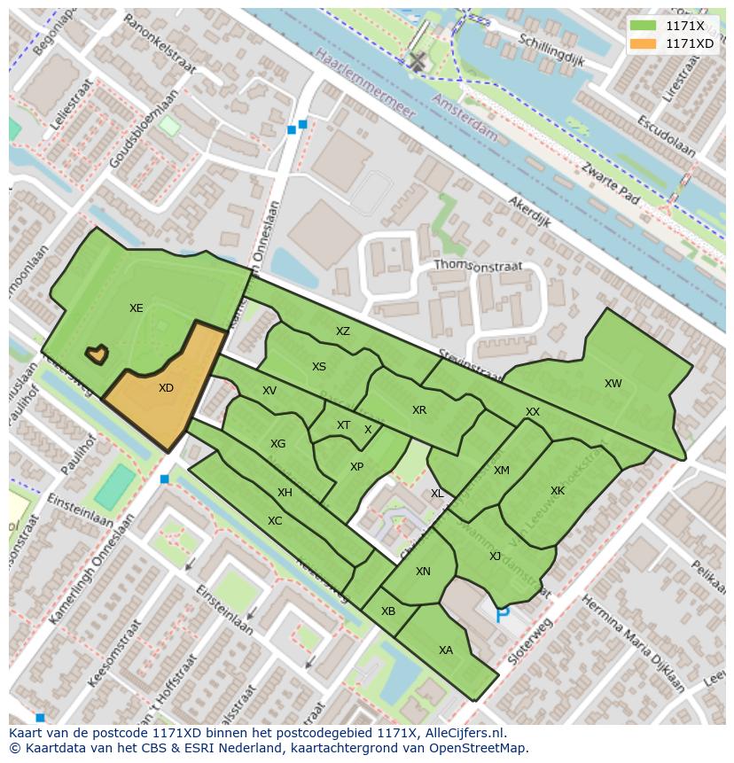 Afbeelding van het postcodegebied 1171 XD op de kaart.