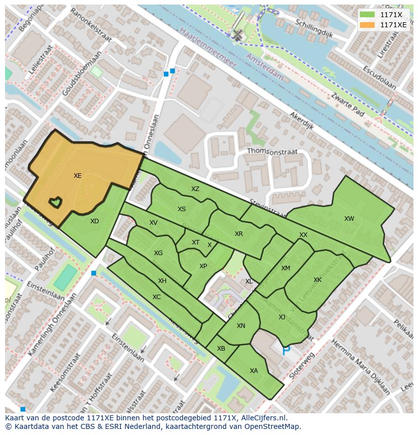 Afbeelding van het postcodegebied 1171 XE op de kaart.