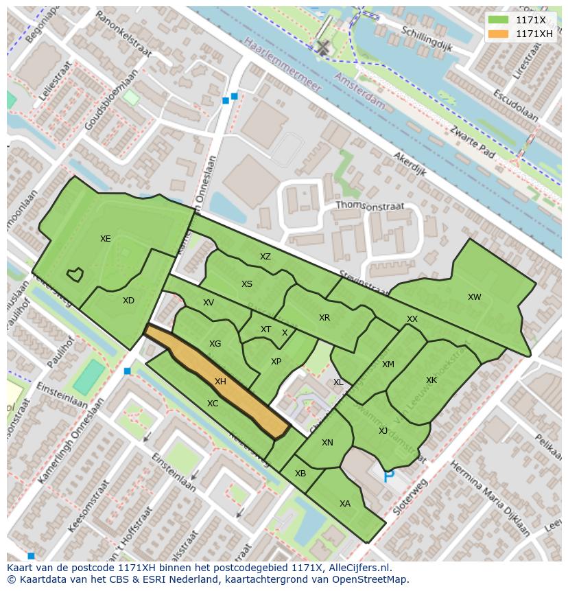 Afbeelding van het postcodegebied 1171 XH op de kaart.