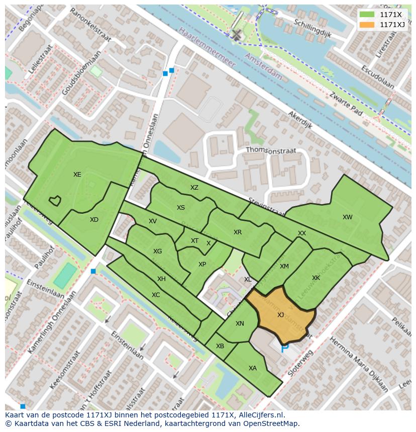 Afbeelding van het postcodegebied 1171 XJ op de kaart.