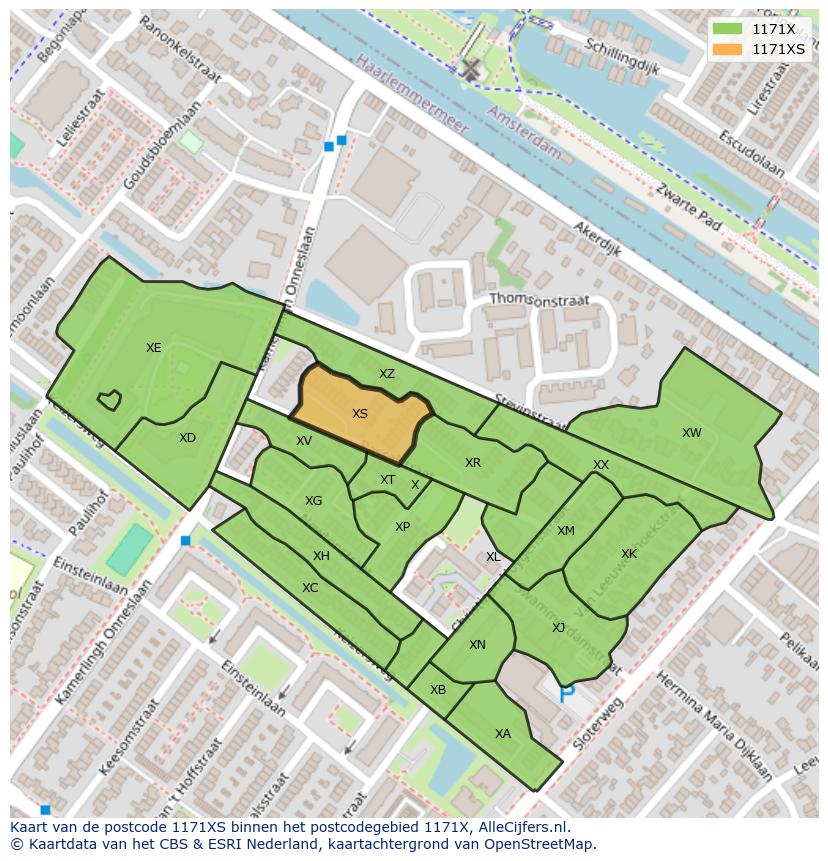 Afbeelding van het postcodegebied 1171 XS op de kaart.