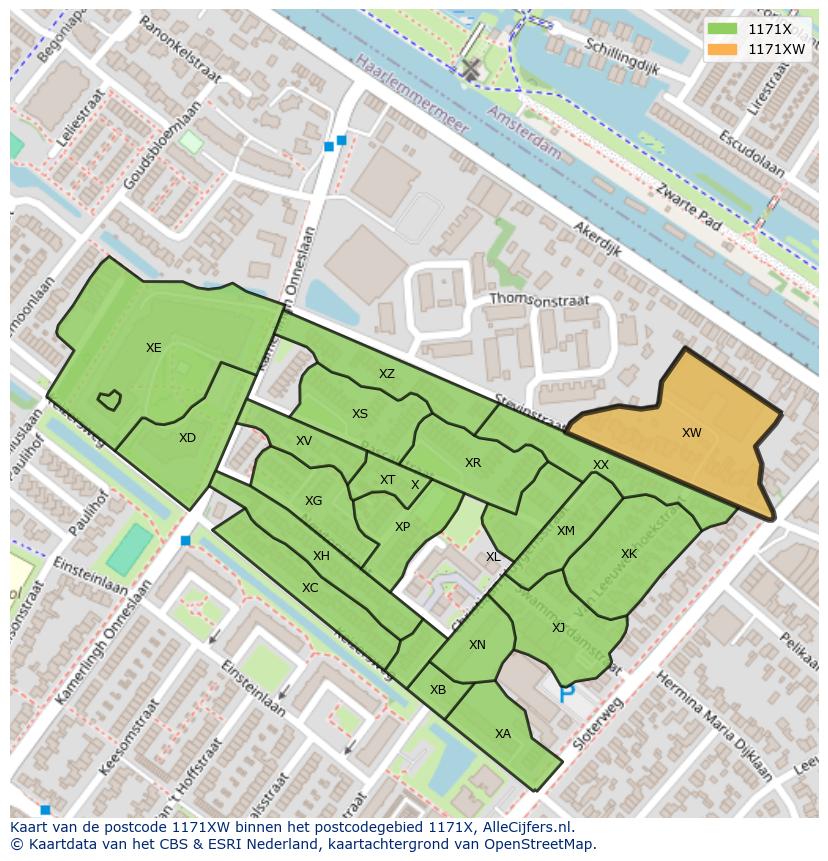 Afbeelding van het postcodegebied 1171 XW op de kaart.