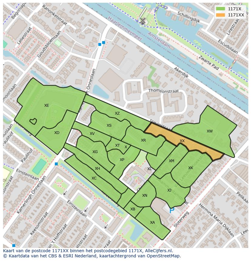 Afbeelding van het postcodegebied 1171 XX op de kaart.