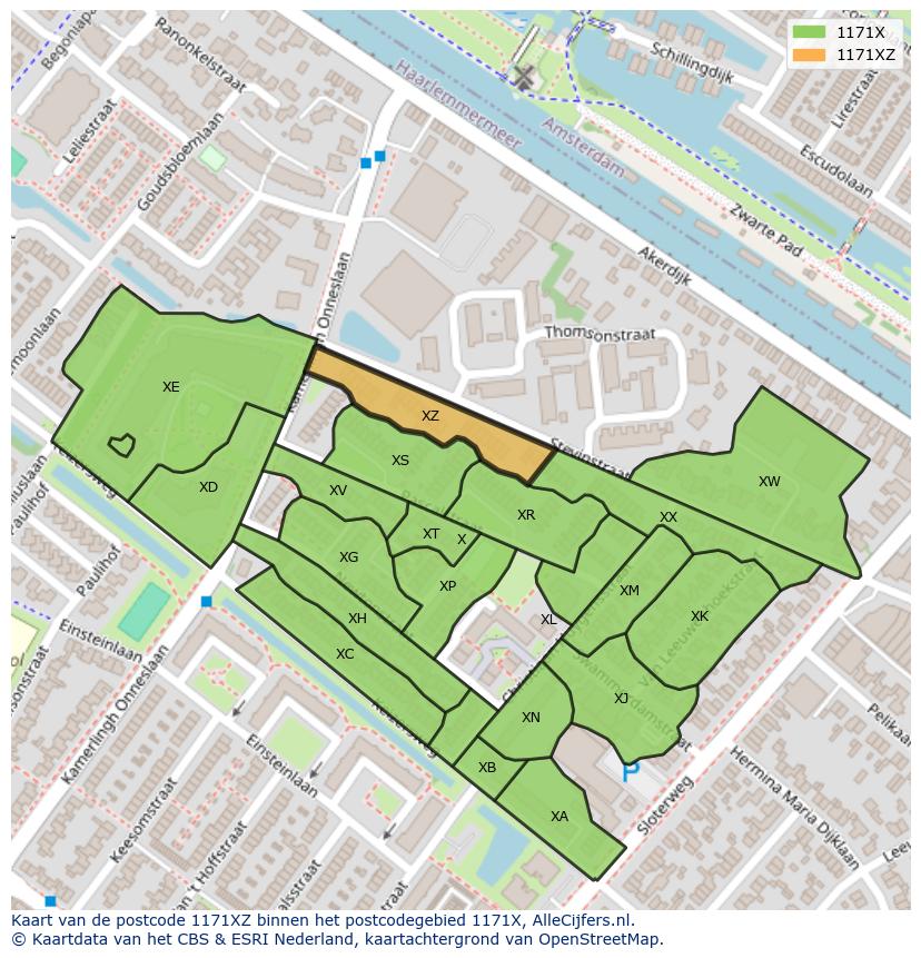 Afbeelding van het postcodegebied 1171 XZ op de kaart.