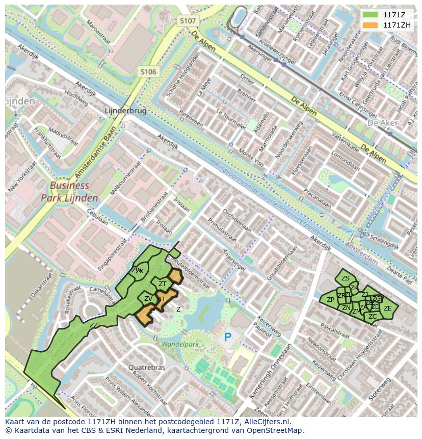 Afbeelding van het postcodegebied 1171 ZH op de kaart.