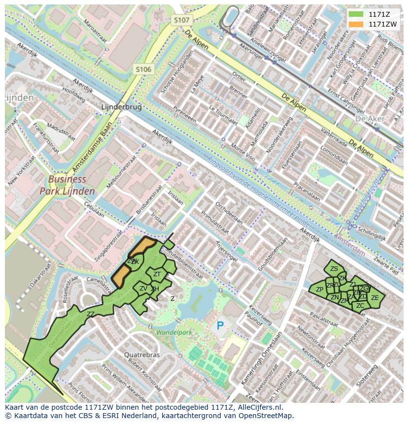 Afbeelding van het postcodegebied 1171 ZW op de kaart.