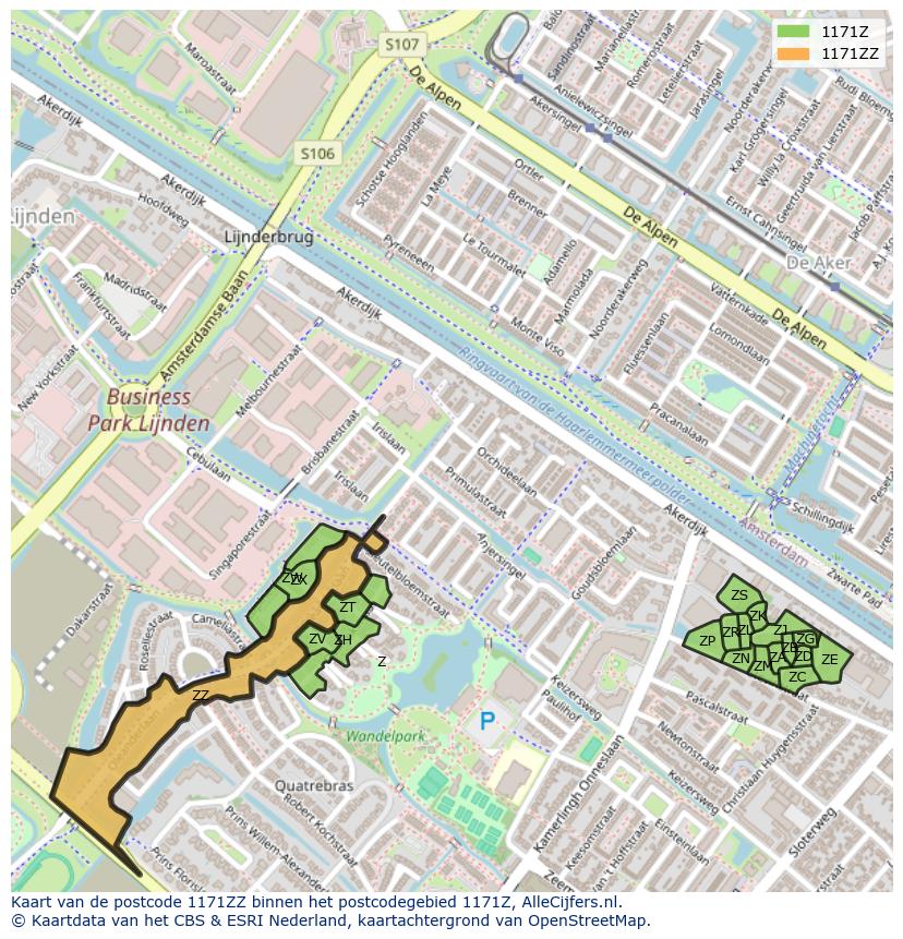 Afbeelding van het postcodegebied 1171 ZZ op de kaart.