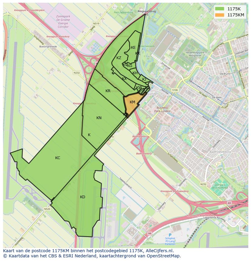 Afbeelding van het postcodegebied 1175 KM op de kaart.