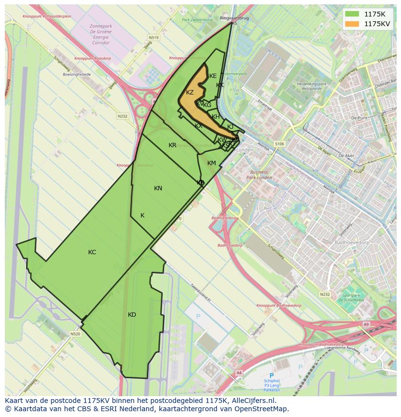 Afbeelding van het postcodegebied 1175 KV op de kaart.