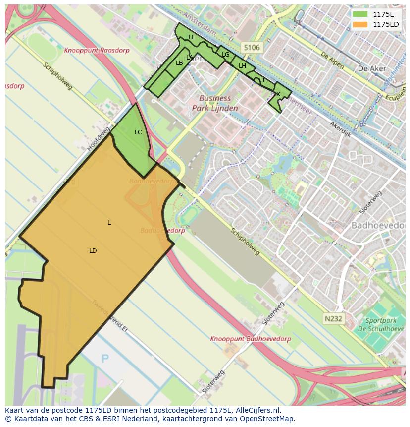 Afbeelding van het postcodegebied 1175 LD op de kaart.