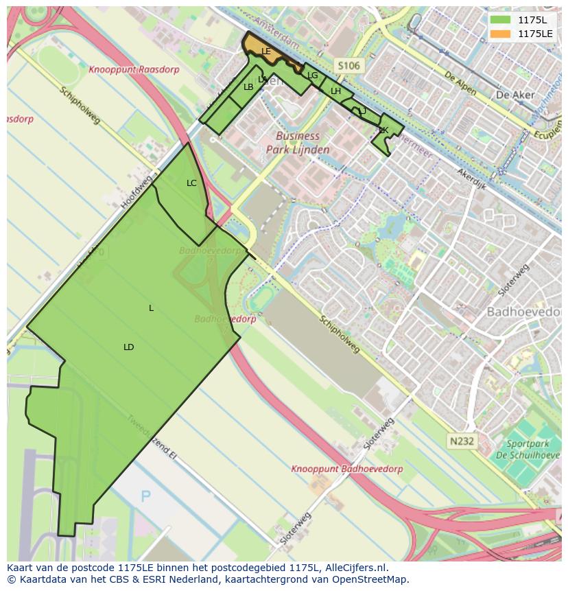Afbeelding van het postcodegebied 1175 LE op de kaart.