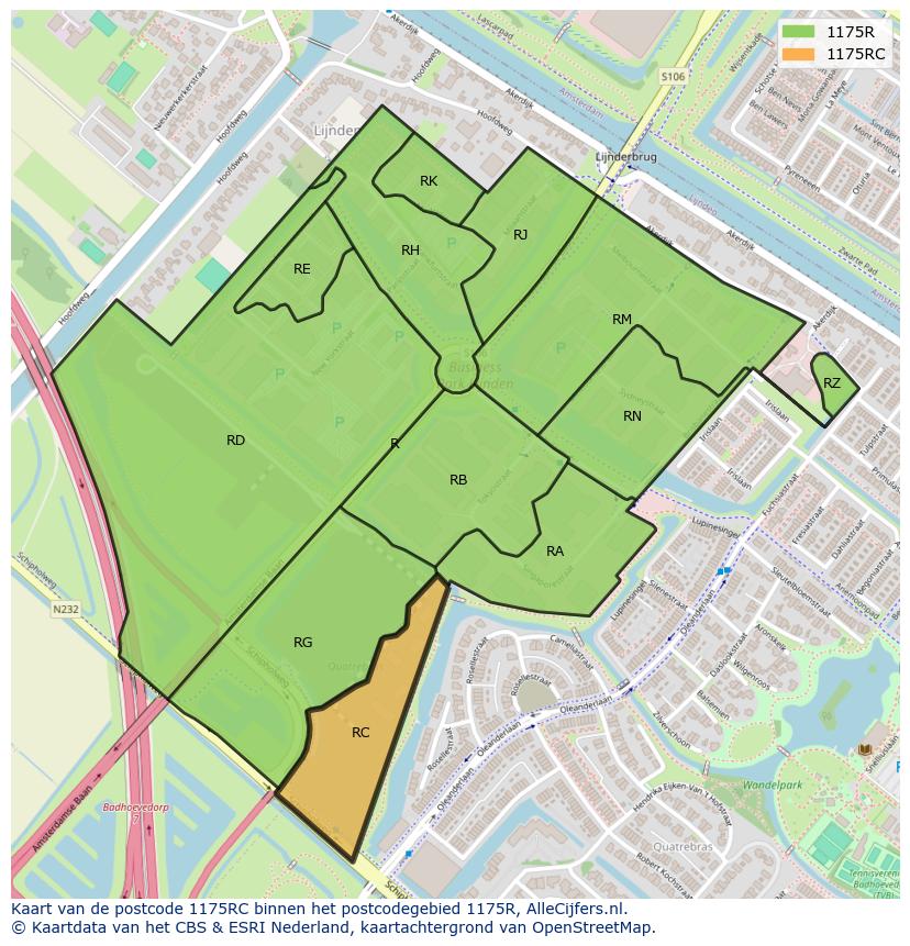 Afbeelding van het postcodegebied 1175 RC op de kaart.
