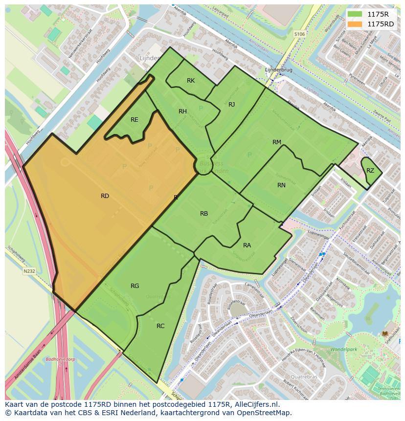 Afbeelding van het postcodegebied 1175 RD op de kaart.