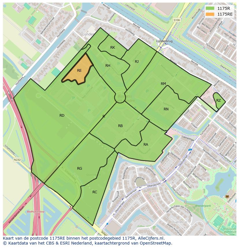 Afbeelding van het postcodegebied 1175 RE op de kaart.
