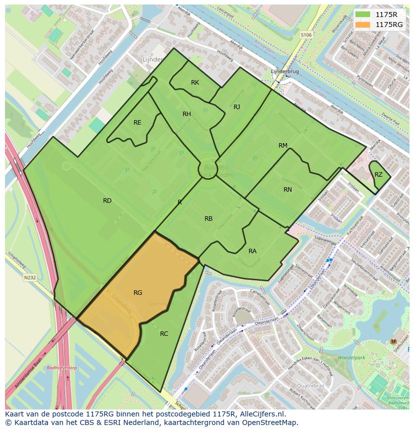 Afbeelding van het postcodegebied 1175 RG op de kaart.