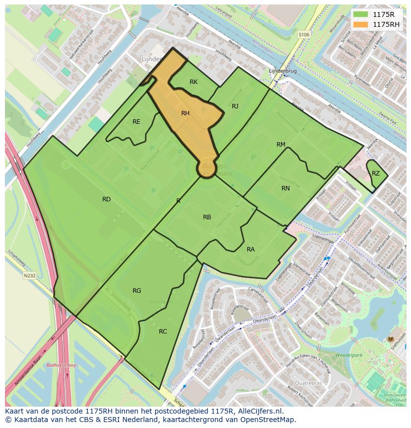 Afbeelding van het postcodegebied 1175 RH op de kaart.