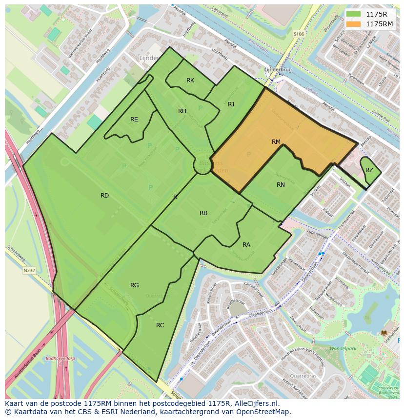 Afbeelding van het postcodegebied 1175 RM op de kaart.