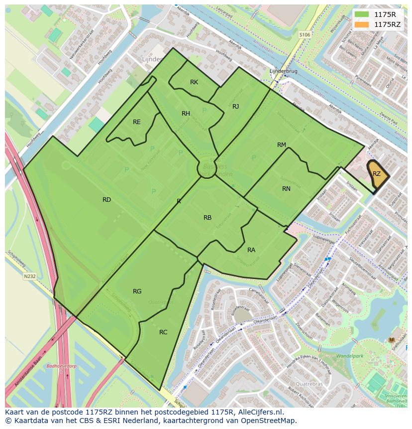 Afbeelding van het postcodegebied 1175 RZ op de kaart.