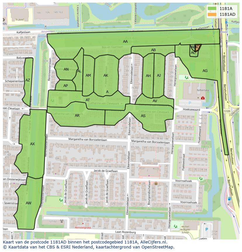 Afbeelding van het postcodegebied 1181 AD op de kaart.