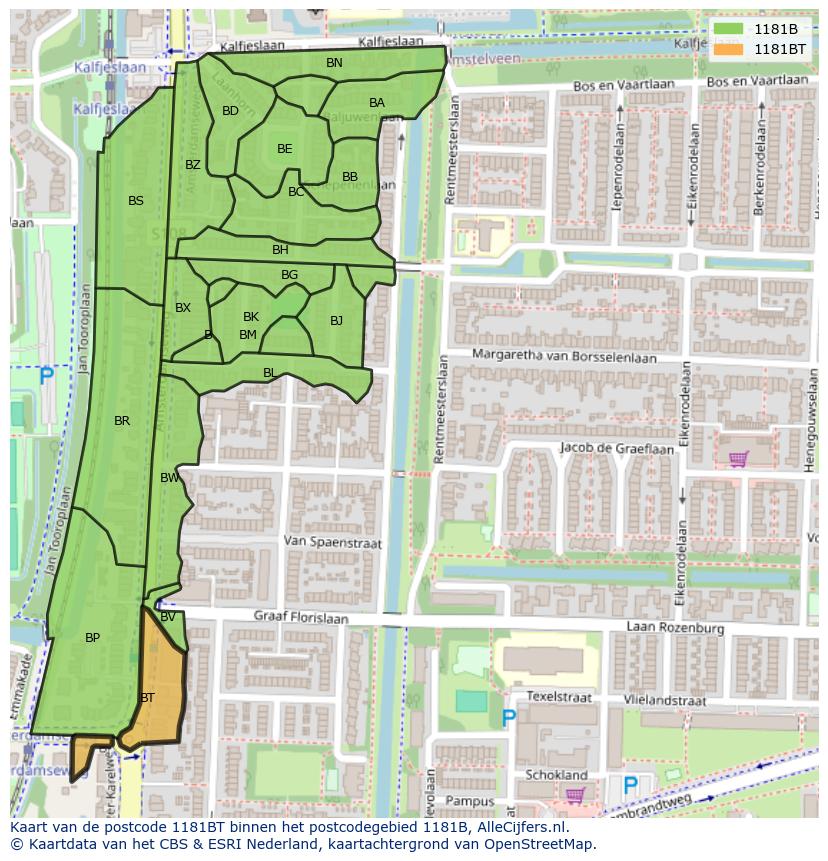 Afbeelding van het postcodegebied 1181 BT op de kaart.