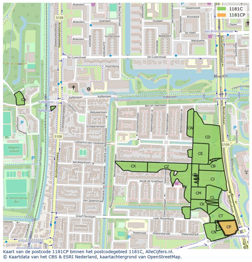 Afbeelding van het postcodegebied 1181 CP op de kaart.