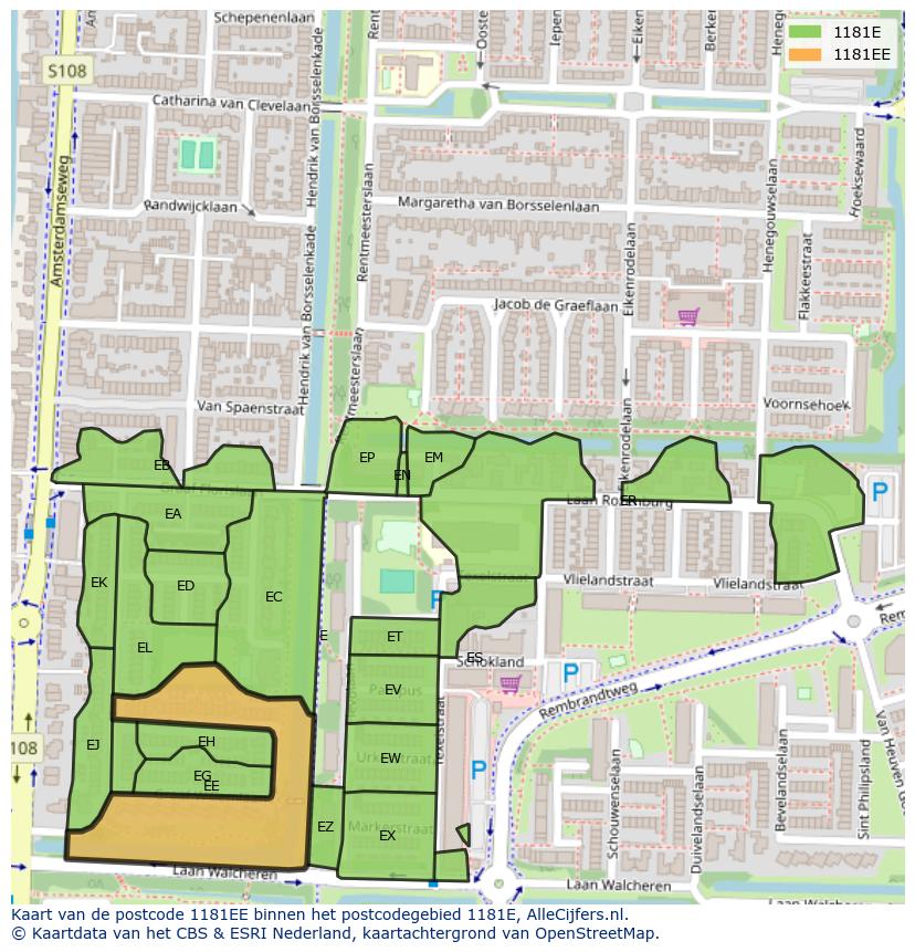 Afbeelding van het postcodegebied 1181 EE op de kaart.