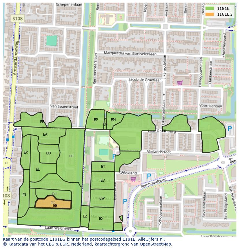 Afbeelding van het postcodegebied 1181 EG op de kaart.