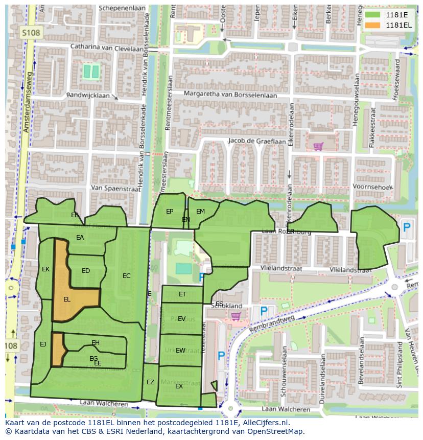 Afbeelding van het postcodegebied 1181 EL op de kaart.