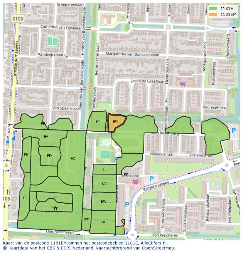 Afbeelding van het postcodegebied 1181 EM op de kaart.