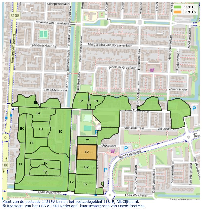 Afbeelding van het postcodegebied 1181 EV op de kaart.