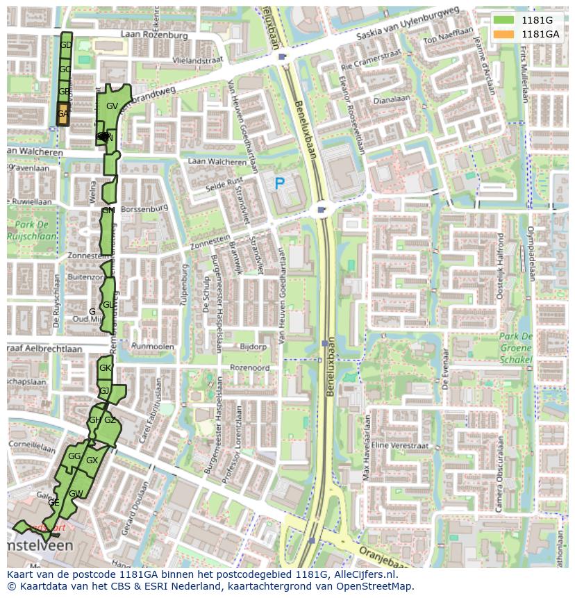 Afbeelding van het postcodegebied 1181 GA op de kaart.