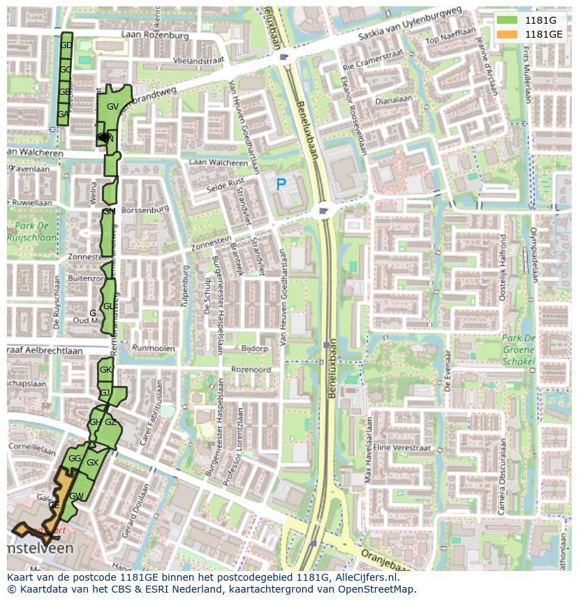 Afbeelding van het postcodegebied 1181 GE op de kaart.