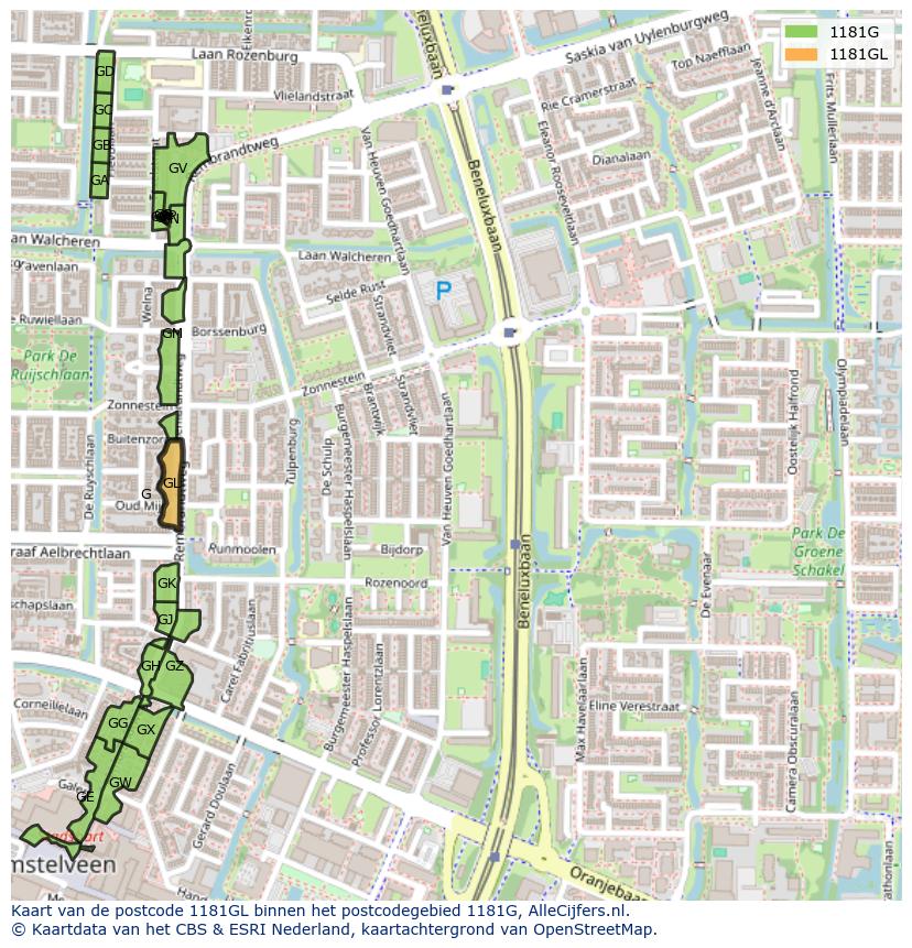 Afbeelding van het postcodegebied 1181 GL op de kaart.