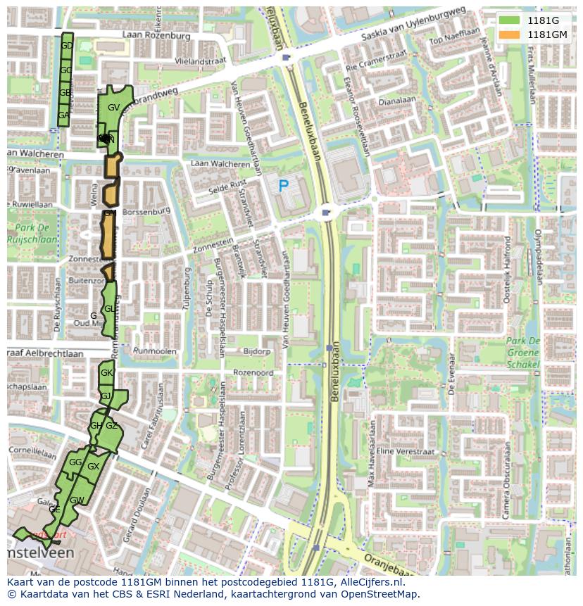 Afbeelding van het postcodegebied 1181 GM op de kaart.