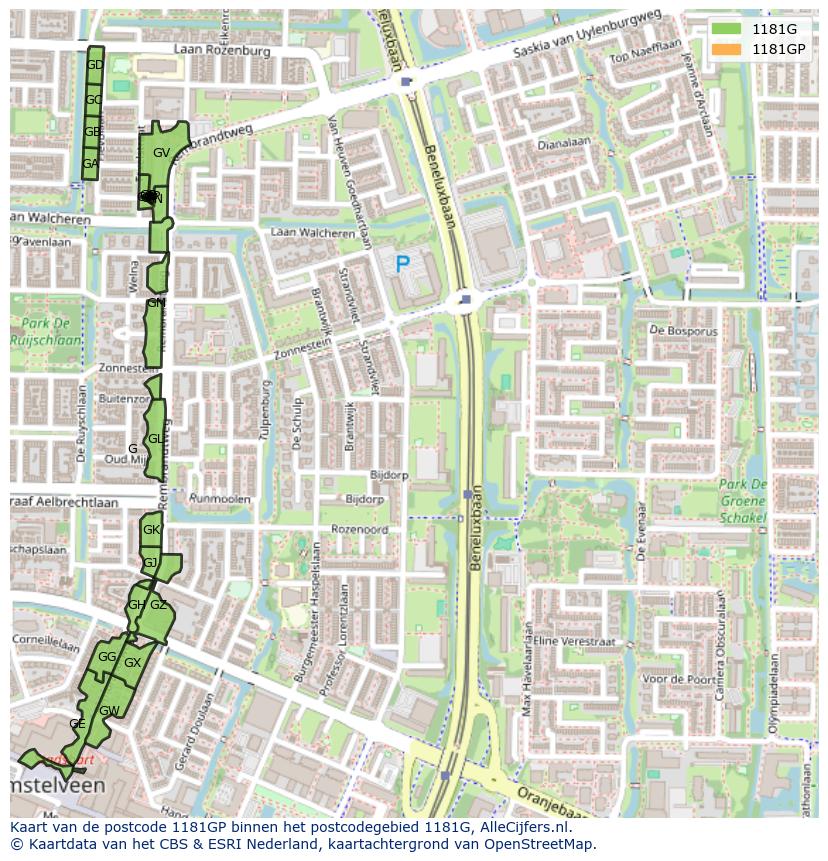 Afbeelding van het postcodegebied 1181 GP op de kaart.