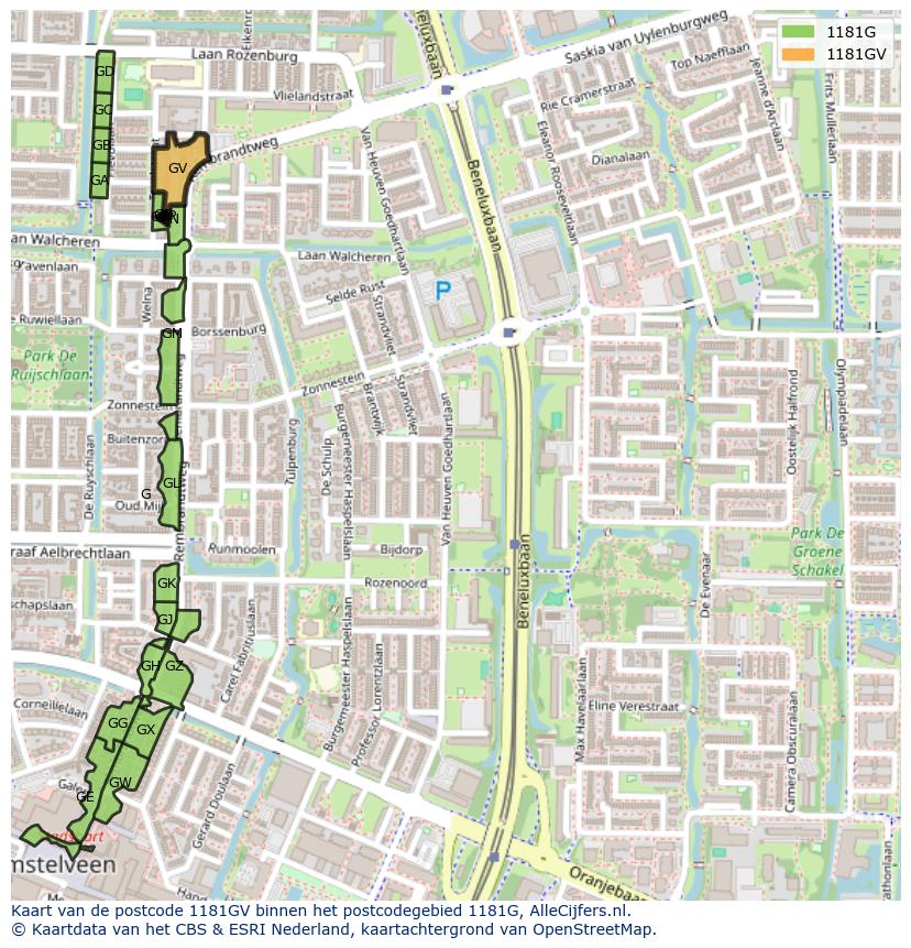 Afbeelding van het postcodegebied 1181 GV op de kaart.
