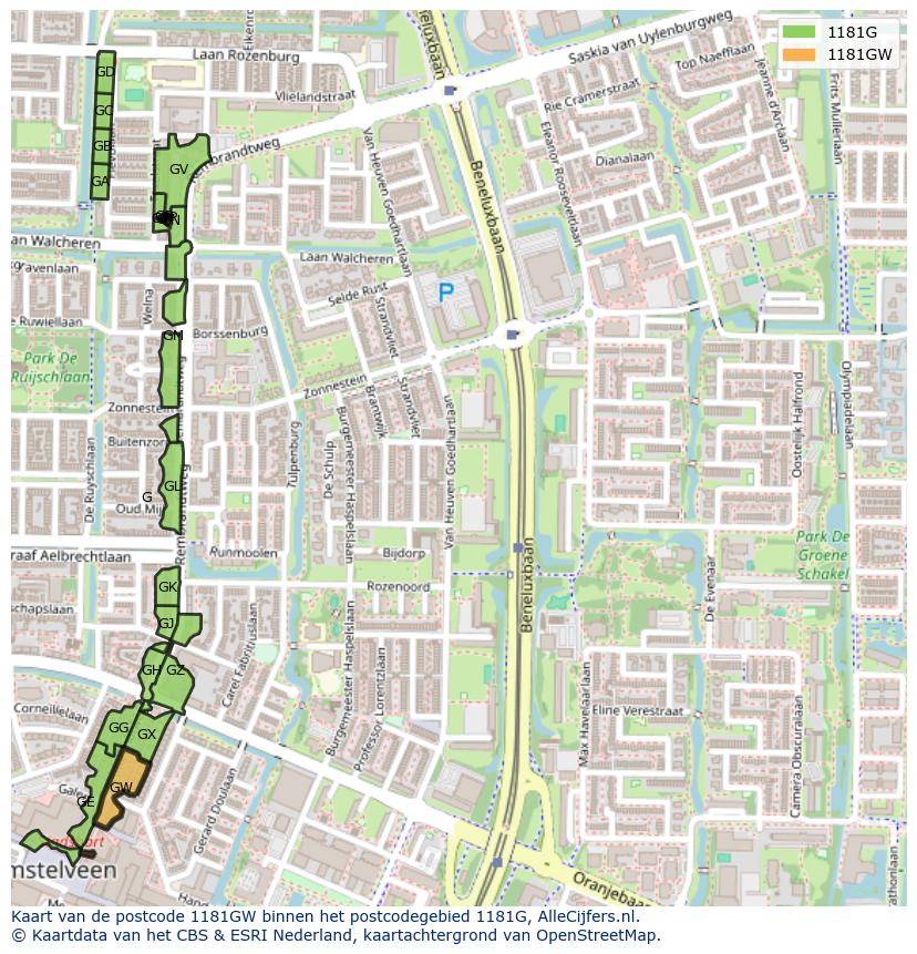 Afbeelding van het postcodegebied 1181 GW op de kaart.