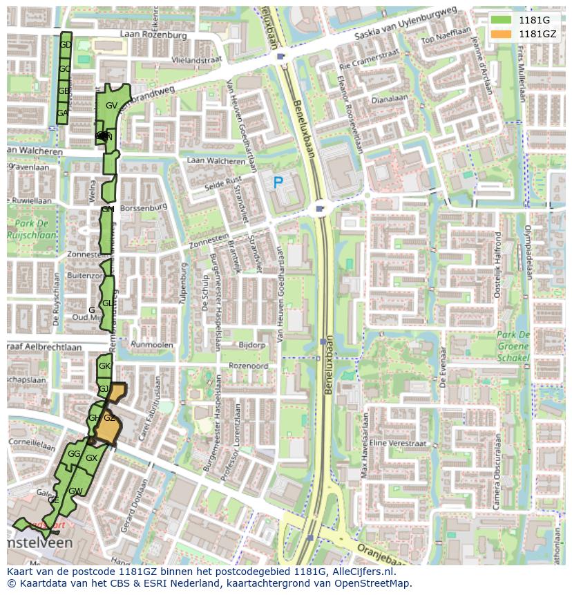 Afbeelding van het postcodegebied 1181 GZ op de kaart.