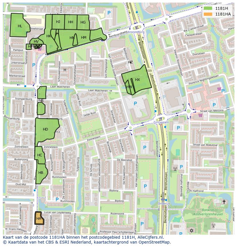Afbeelding van het postcodegebied 1181 HA op de kaart.