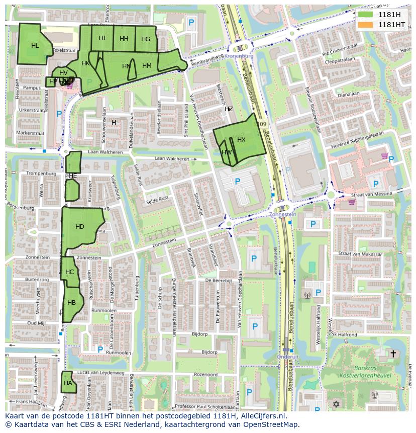 Afbeelding van het postcodegebied 1181 HT op de kaart.