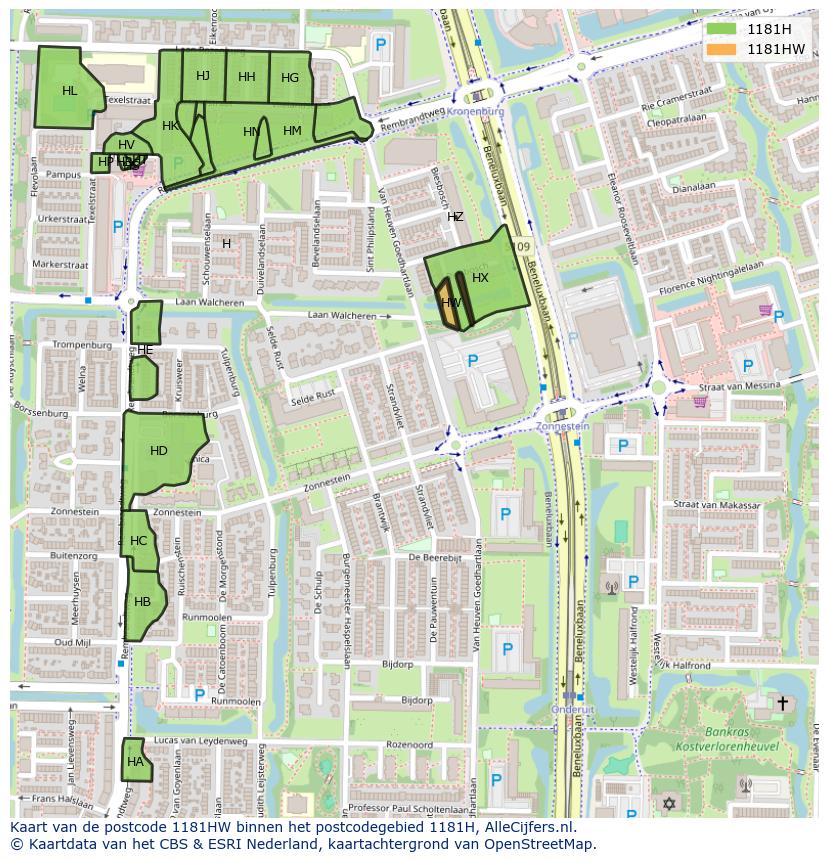 Afbeelding van het postcodegebied 1181 HW op de kaart.
