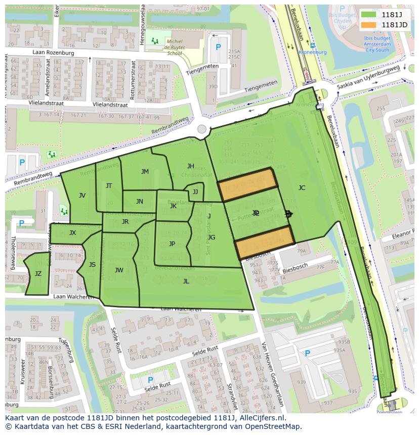 Afbeelding van het postcodegebied 1181 JD op de kaart.