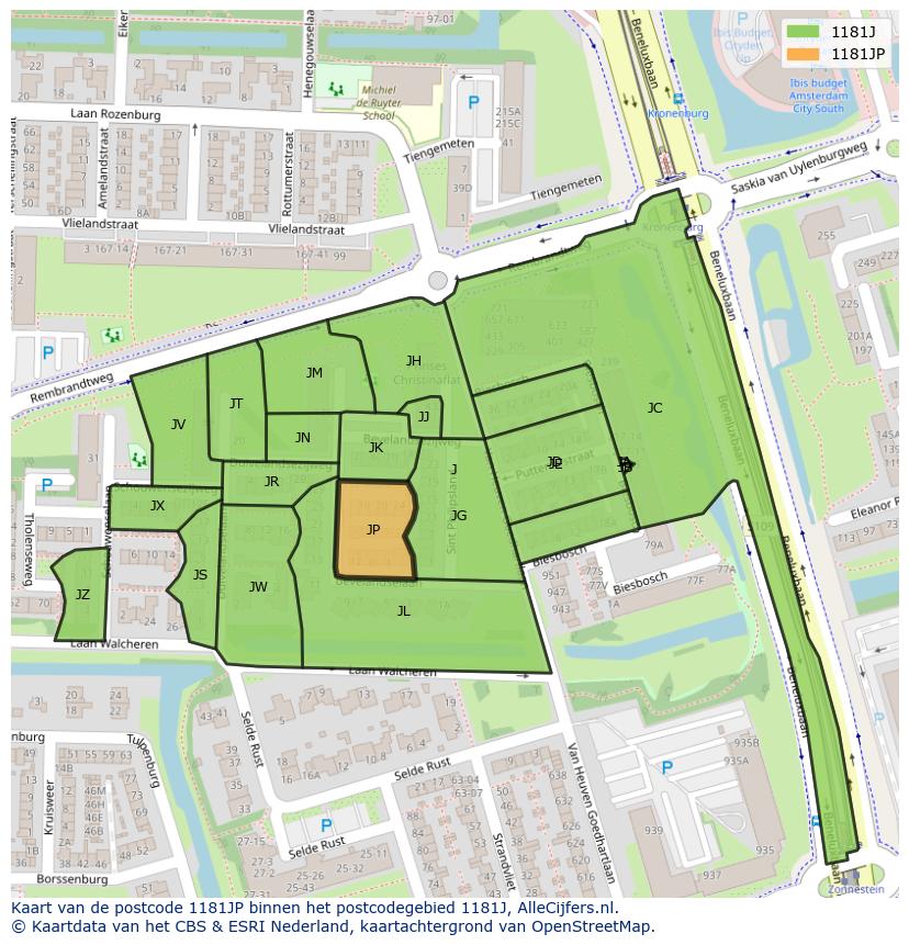 Afbeelding van het postcodegebied 1181 JP op de kaart.