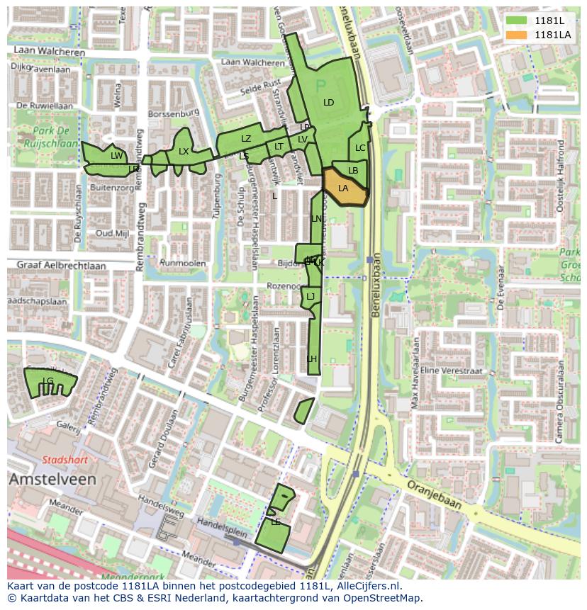Afbeelding van het postcodegebied 1181 LA op de kaart.