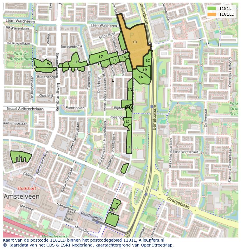 Afbeelding van het postcodegebied 1181 LD op de kaart.