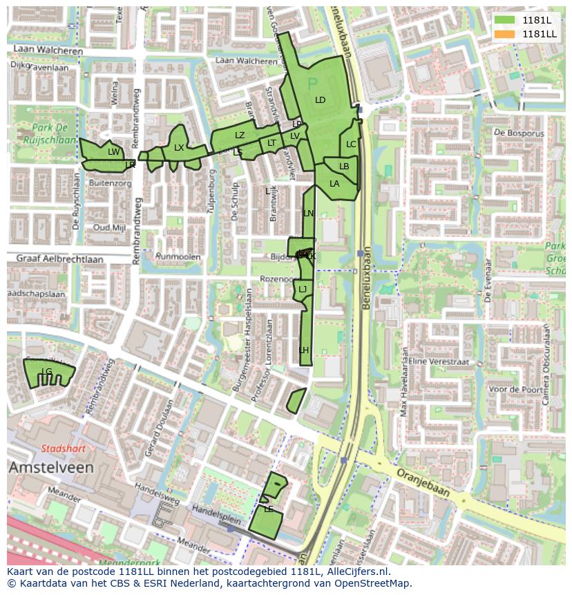 Afbeelding van het postcodegebied 1181 LL op de kaart.
